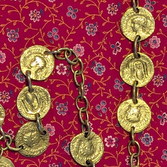 Vintage Roman Coin Cross Gold Medallion Lariat Bib Necklace Chunky Chain Link - Picture 10 of 13
